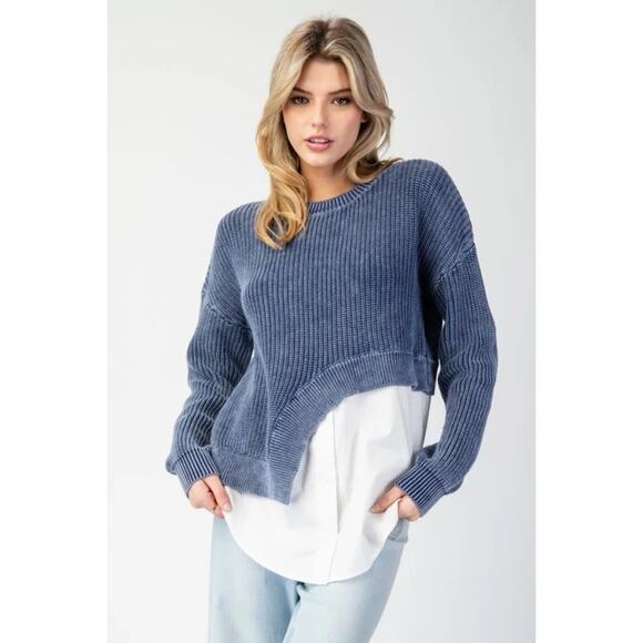 Anthropologie Pilcro Asymmetrical Twofer Blue Chunky Layered Sweater Top Large - Picture 10 of 16